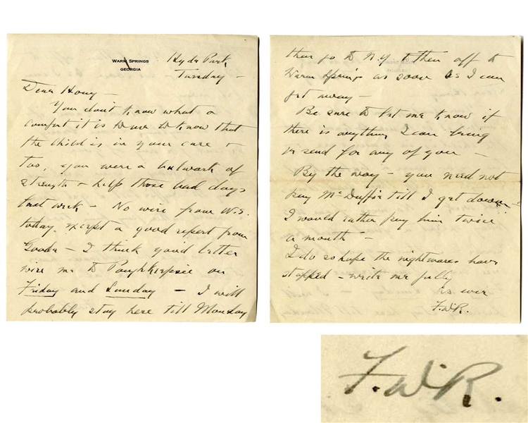 Franklin D. Roosevelt Autograph Letter Signed to Helena Mahoney, His Warm Springs Physical Therapist -- ''...I do so hope the nightmares have stopped...''